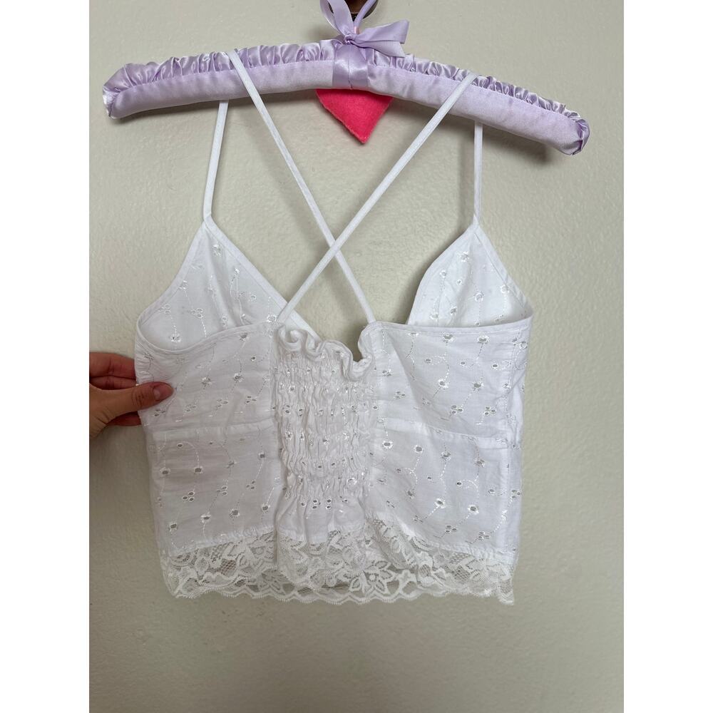 Handmade White Eyelet Lace Tank Top w Lace Trim Coquette Ruched Back - Picture 4 of 6